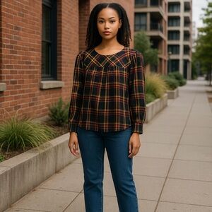 J Crew Peasant Blouse Medium Red Black Tartan‎ Plaid Organic Preppy Corpcore